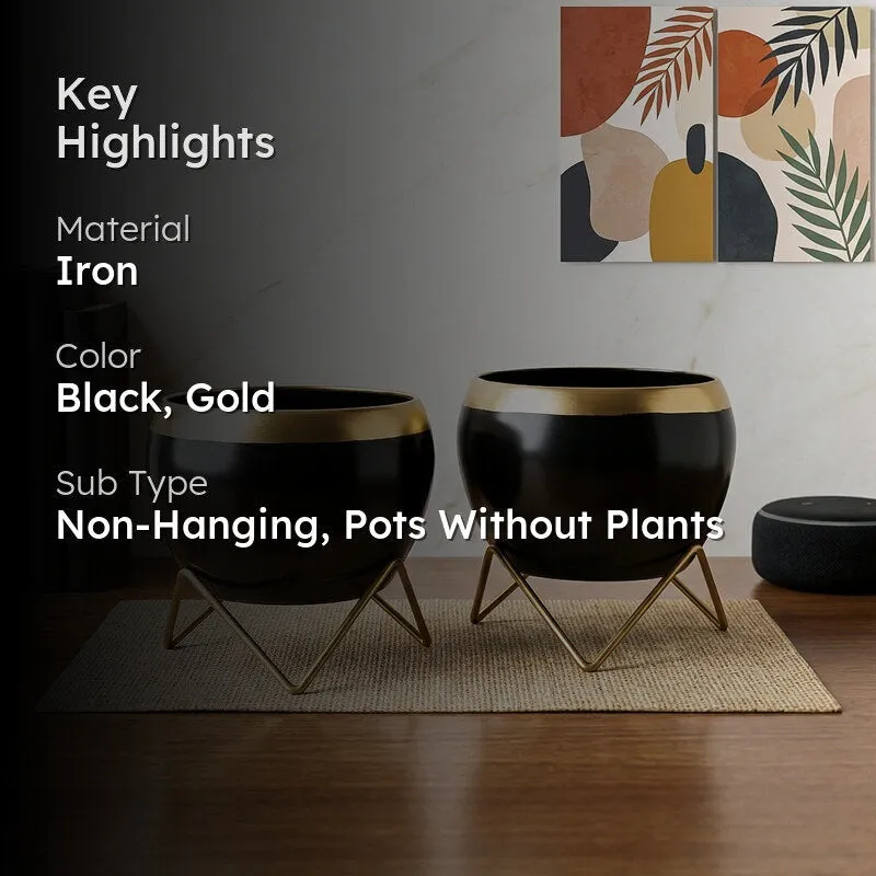 Two black and gold planters on stands in a styled tabletop setting