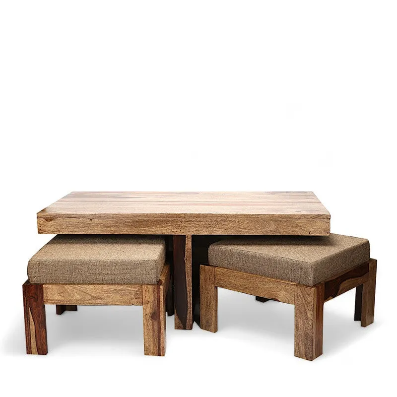 Drexon Sheesham Wooden Center Table with Stools (Brown,Beige) - Five Piece Set media 4