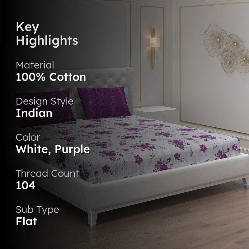 Monte Carlo Petal Story Cotton Bedsheet (White,Purple) - 104 TC media 2