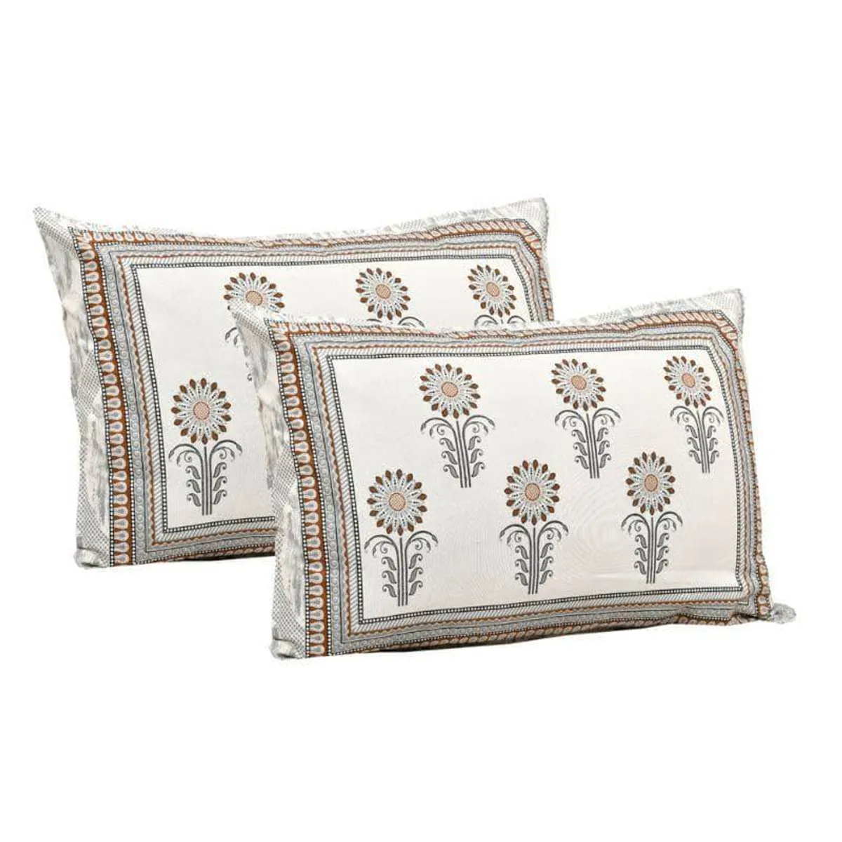 Two matching pillow covers with floral motif and decorative border