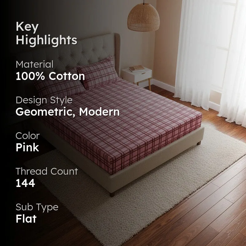 Sanja Checkered Cotton Bedsheet (Pink) - 144 TC media 2