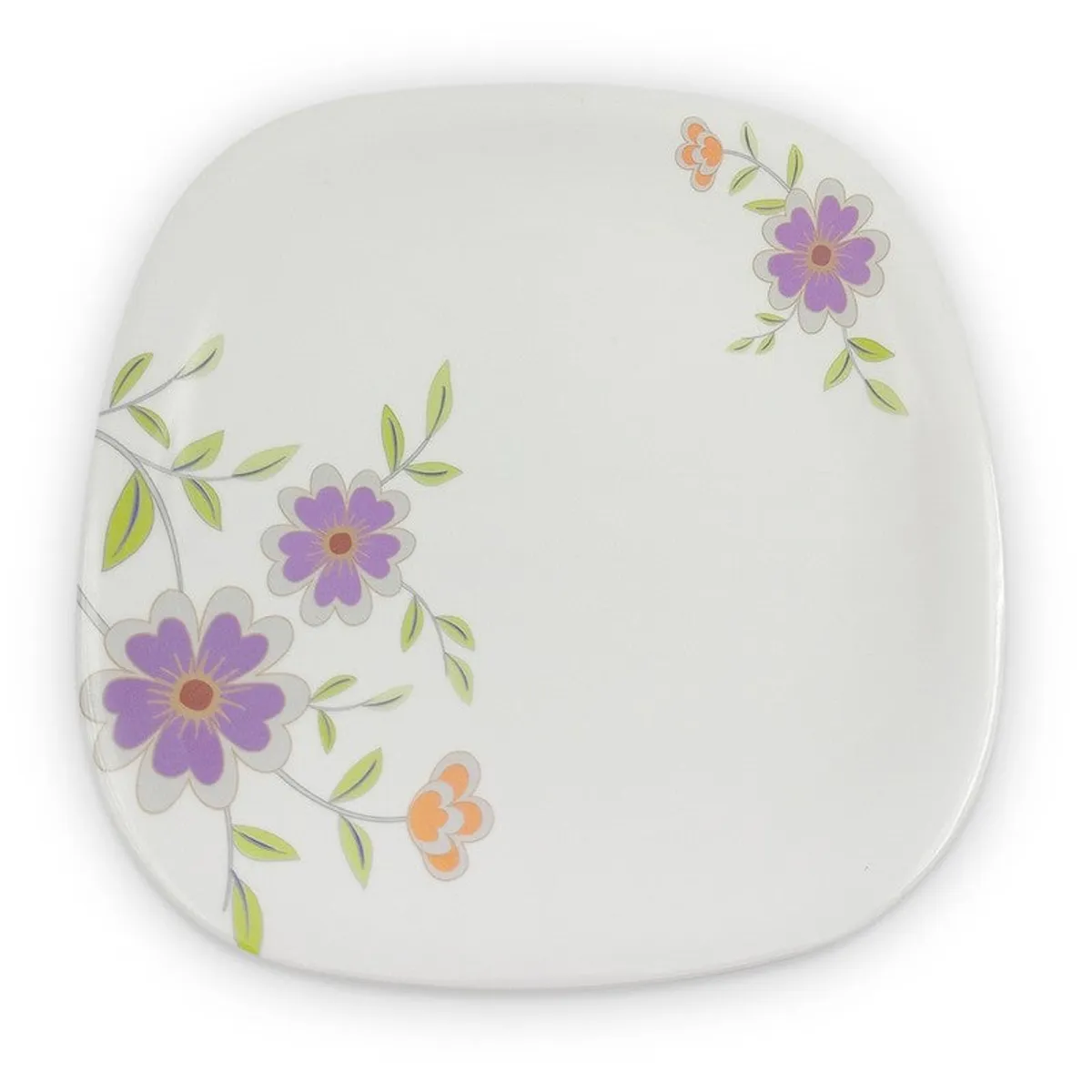 Top view of a square white plate with purple floral corner detailing