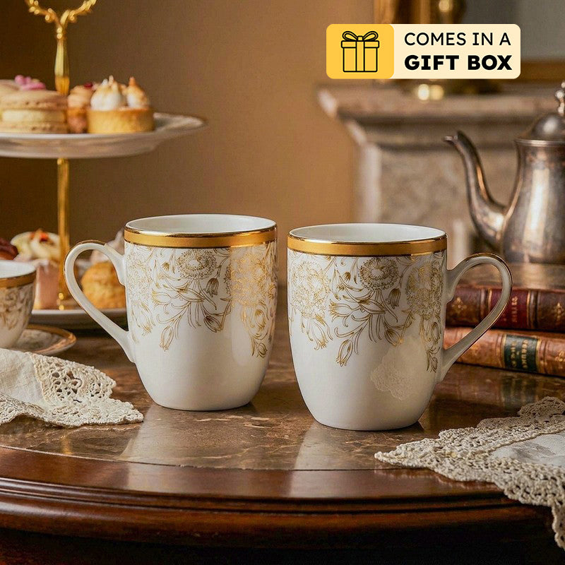 Gilded Iris Coupe 24k Gold Brushed Porcelain Coffee Mug(280 mL Each/Gold) - Set Of Four