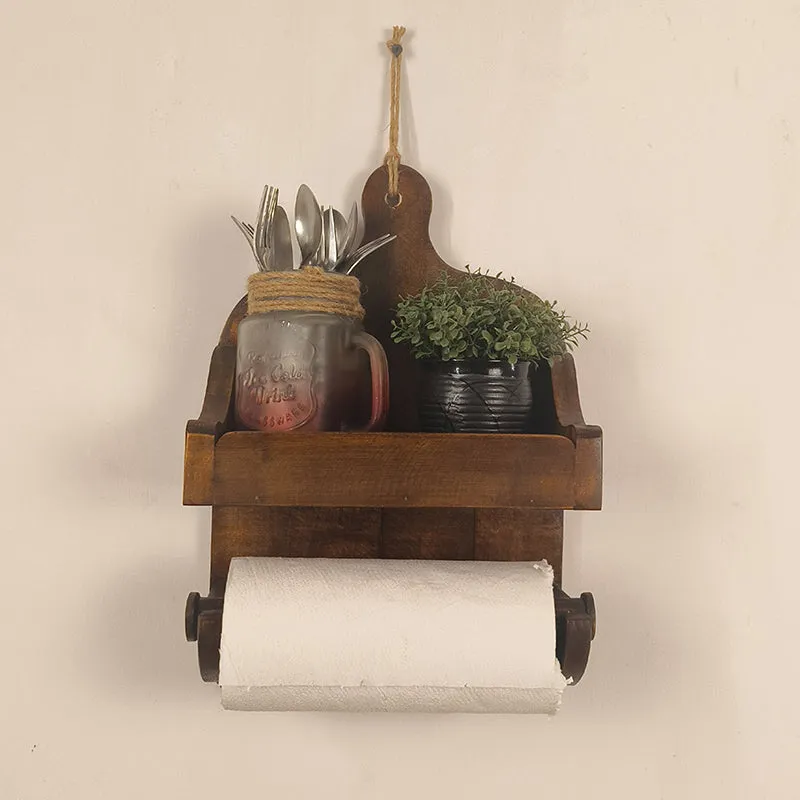 Retrovea Wooden Wall Shelf Organiser with Kitchen Roll Holder media 3