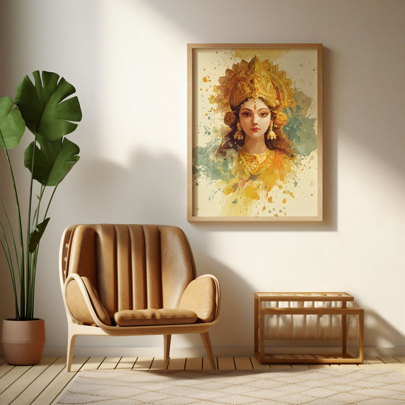 Soothing Aura Maa Durga Archival Paper Wall Art - Natural Brown Frame