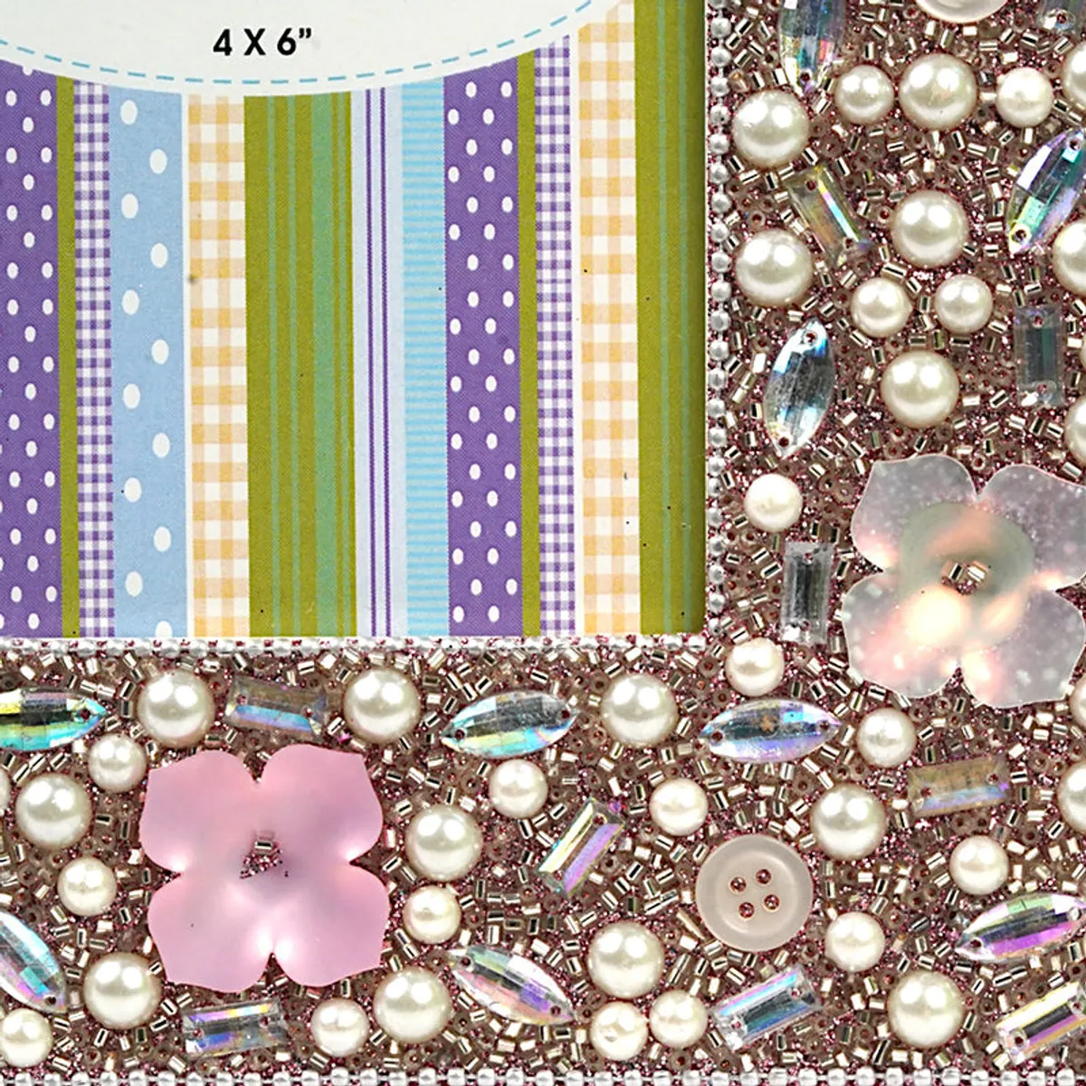 Close-up of beads, pearl-like details, pink flowers and colourful striped insert.