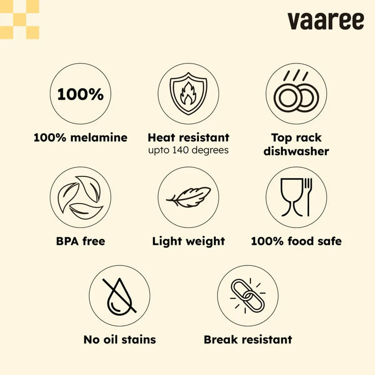 Feature graphic showing the melamine bowl's care and material highlights