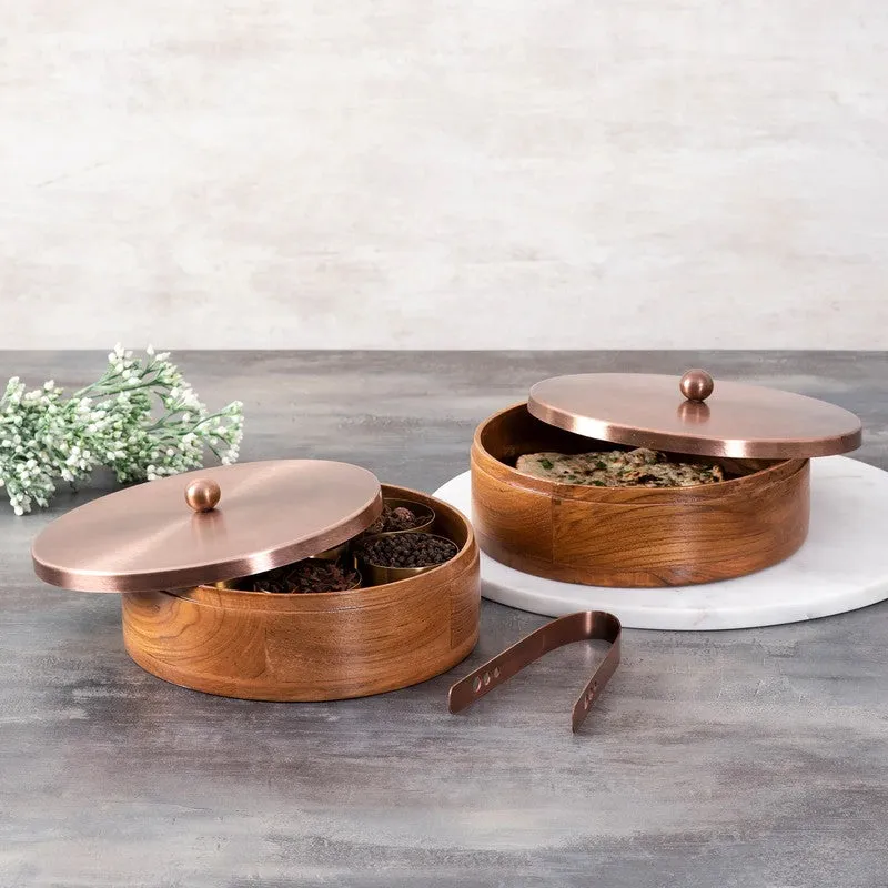 Prestyn Teak Wood Round Masala Box - Three Piece Set media 1