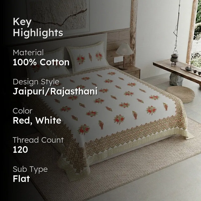 Ethnic Bloom Cotton Bedsheet (Red,White) - 120 TC media 2