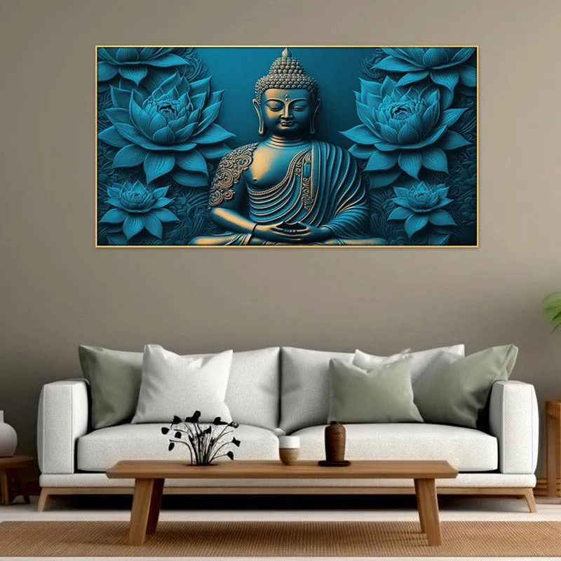 Enlightened Buddha In Blue Canvas Wall Painting With Frame media 3