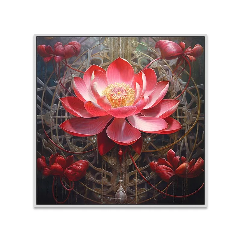 Glowing Lotus Canvas Wall Painting With Frame - White media 6