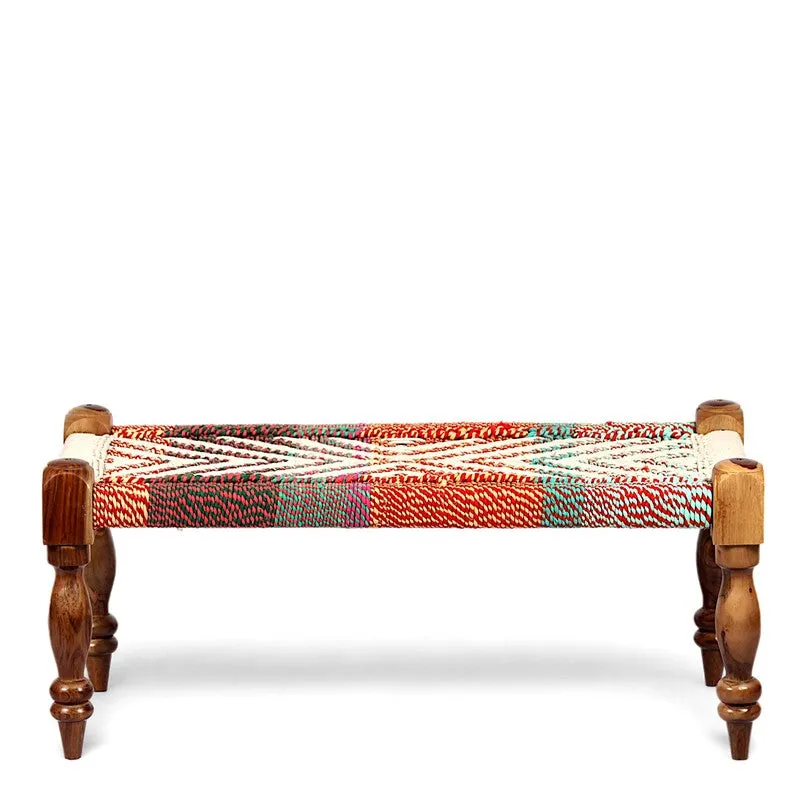 Front view of a multicolour woven bench with turned wooden legs