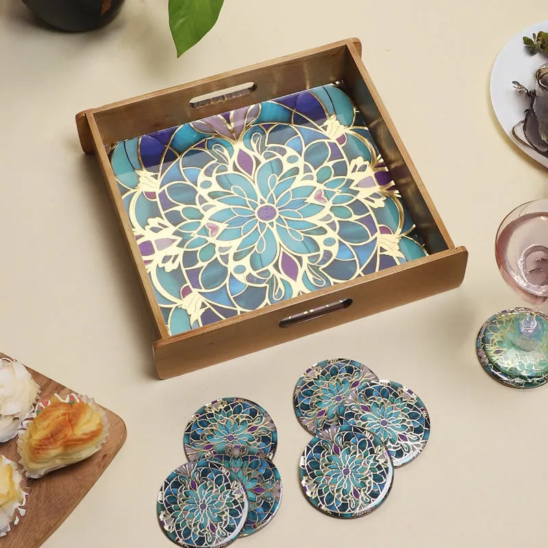 Floral Feast Wooden Serving Tray With Coaster - Seven Piece Set media 1