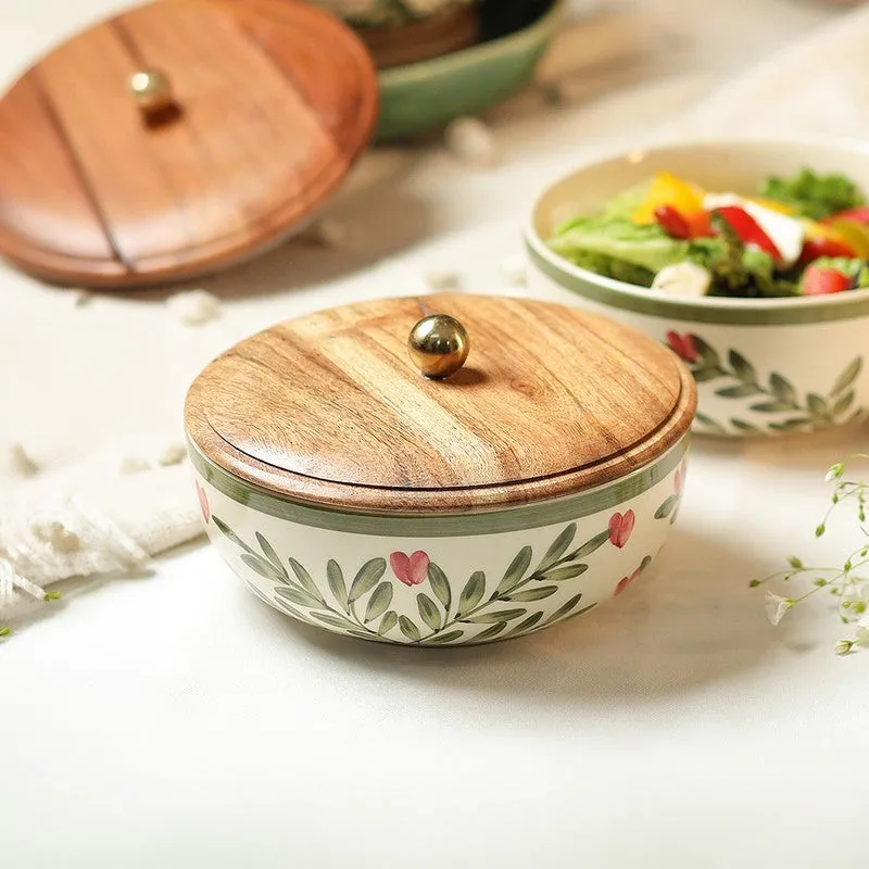 Spring Little Leafy Joy Ceramic Bowl with Mango Wood Lid - 750 mL media 4