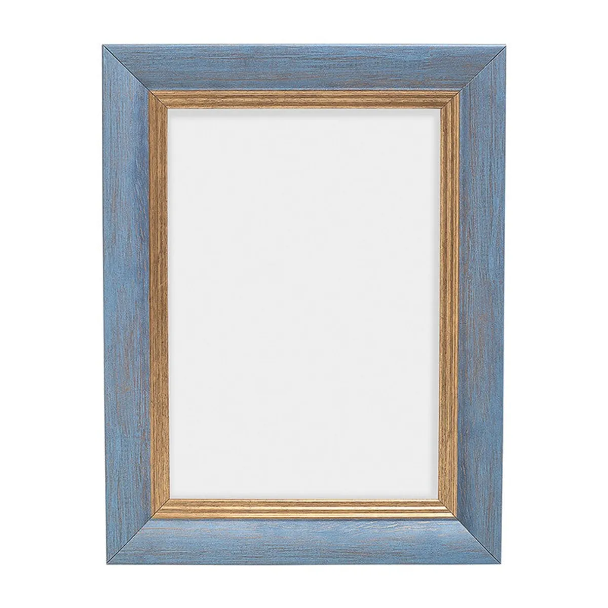 Front view of an empty blue rectangular photo frame with a brown inner border