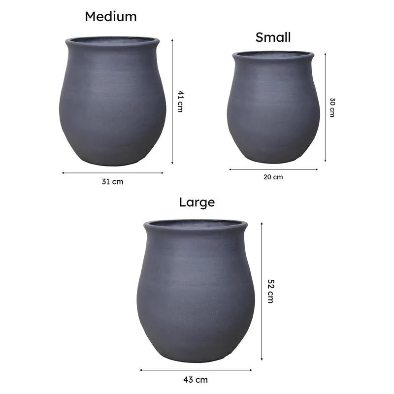 Size comparison showing small, medium and large grey planters