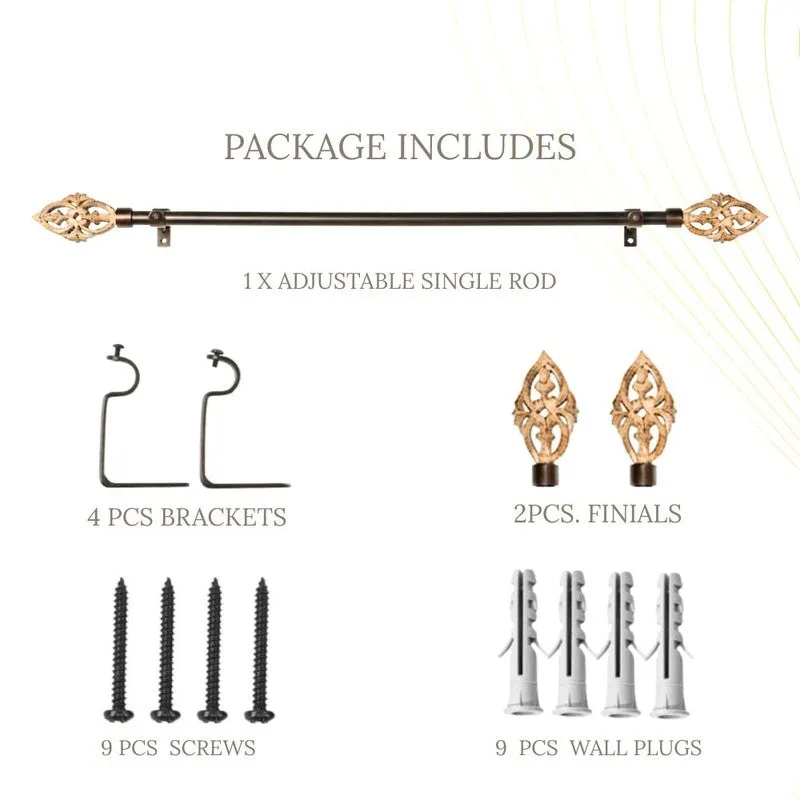 Spindle Extendable 1" Single Curtain Rods With Abstract Finial & Brackets (Brown) media 6