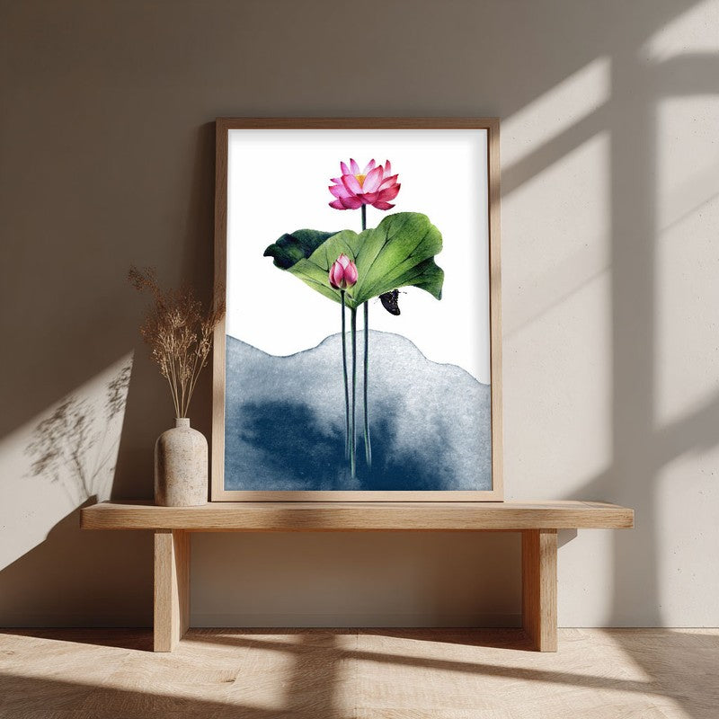 Watercolor Lotus Archival Paper Wall Art  - Natural Brown Frame