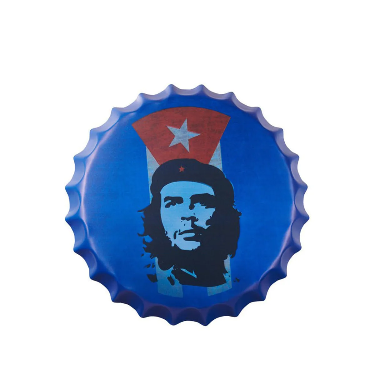 Blue round bottle-cap wall accent with a Che Guevara portrait on a white background.