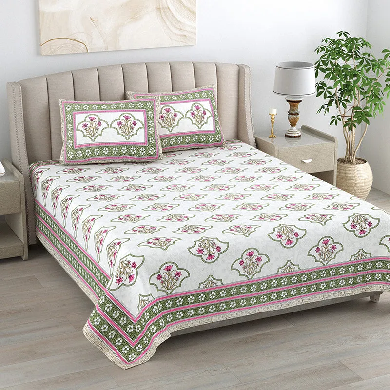 Ishani Cotton Bedsheet (Pink, Green) - 180 TC media 1
