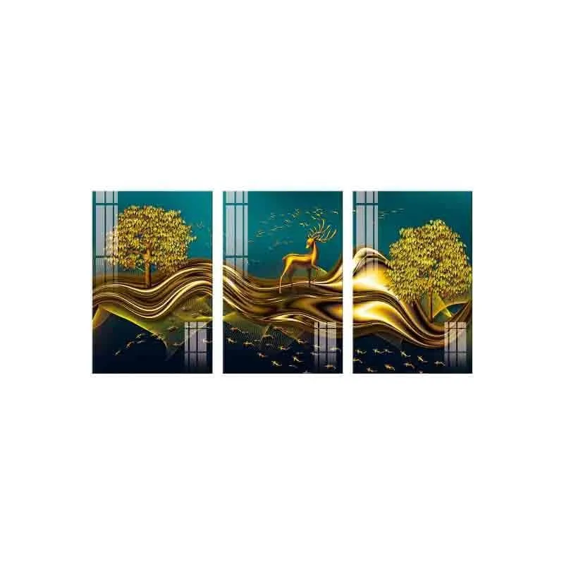 Paradise Gold Deer Canvas Wall Art - Three Piece Set media 5