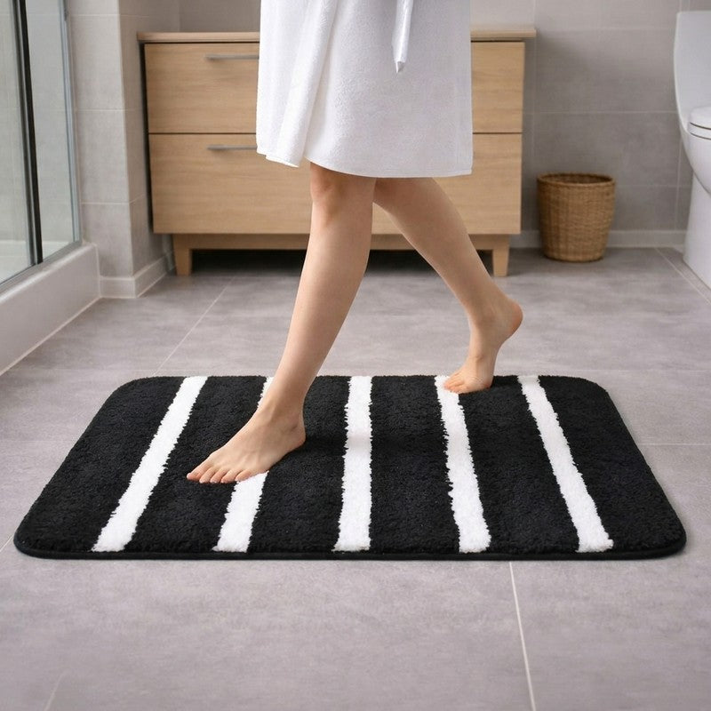 Soft Base Anti Skid Micro Fiber Bath Mat - Black,White - 37 x 57 cms