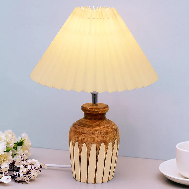 French Pleat Urn Wooden Table Lamp - White,Brown media 1