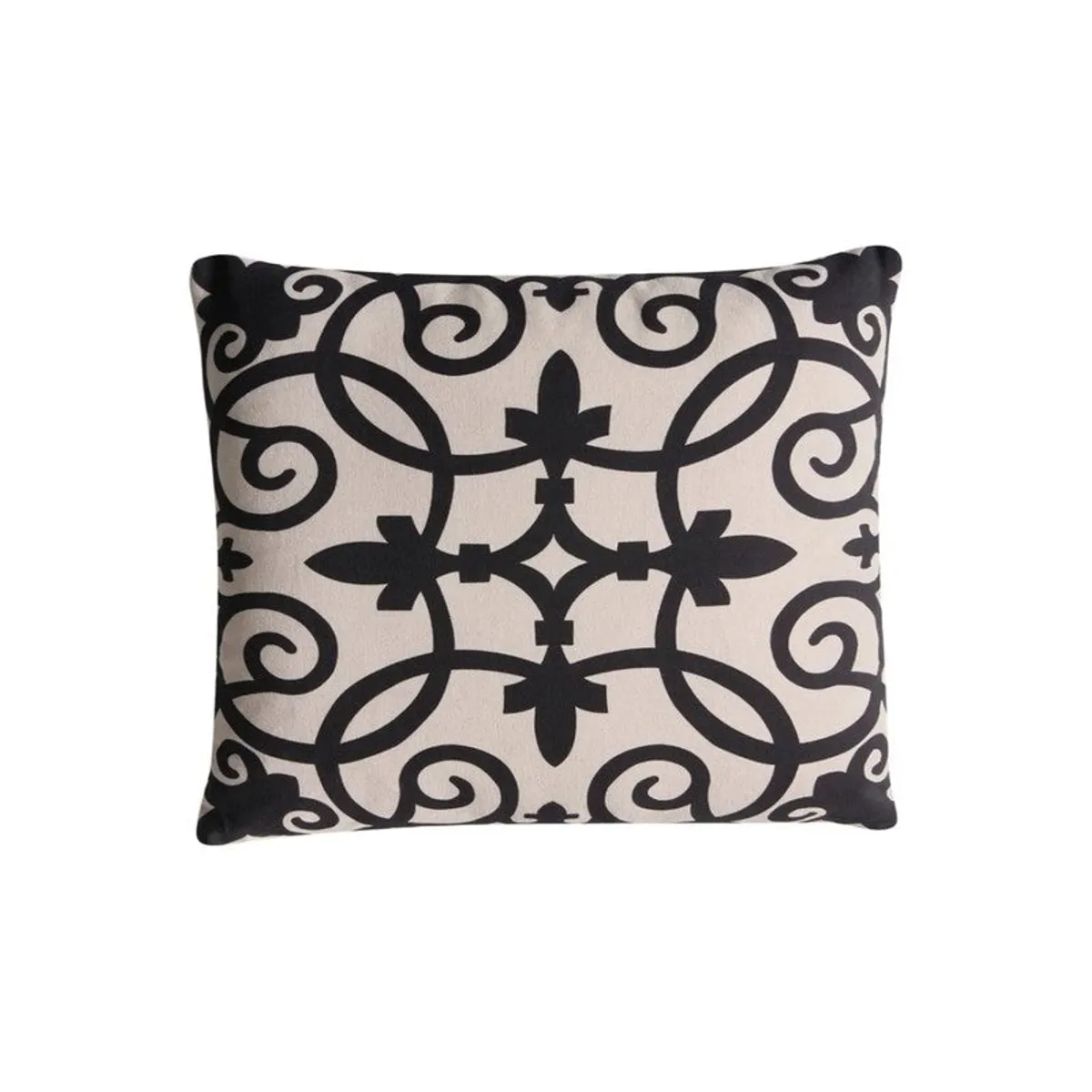 Close view of a black and off-white ornate floral cushion cover