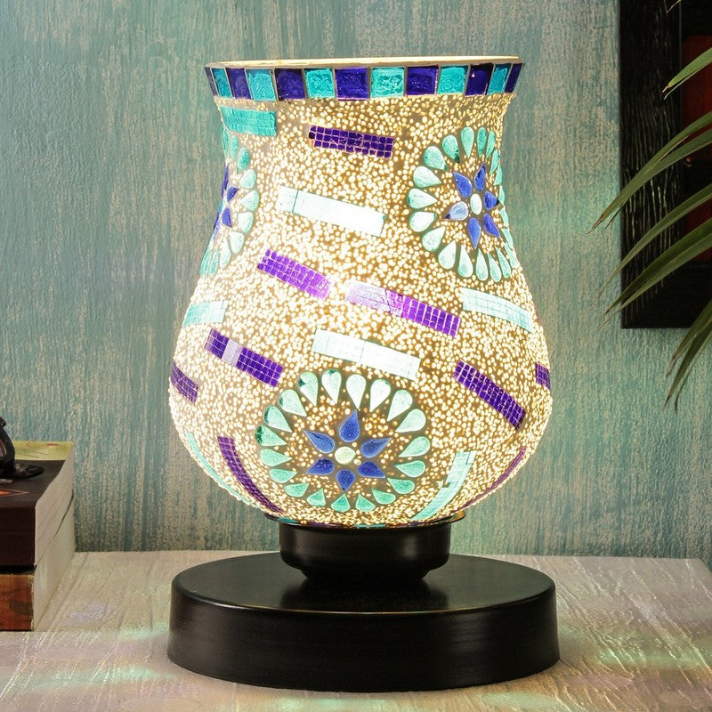 Glowburn Mosaic Glass Table Lamp With Wooden Base - Multicolor
