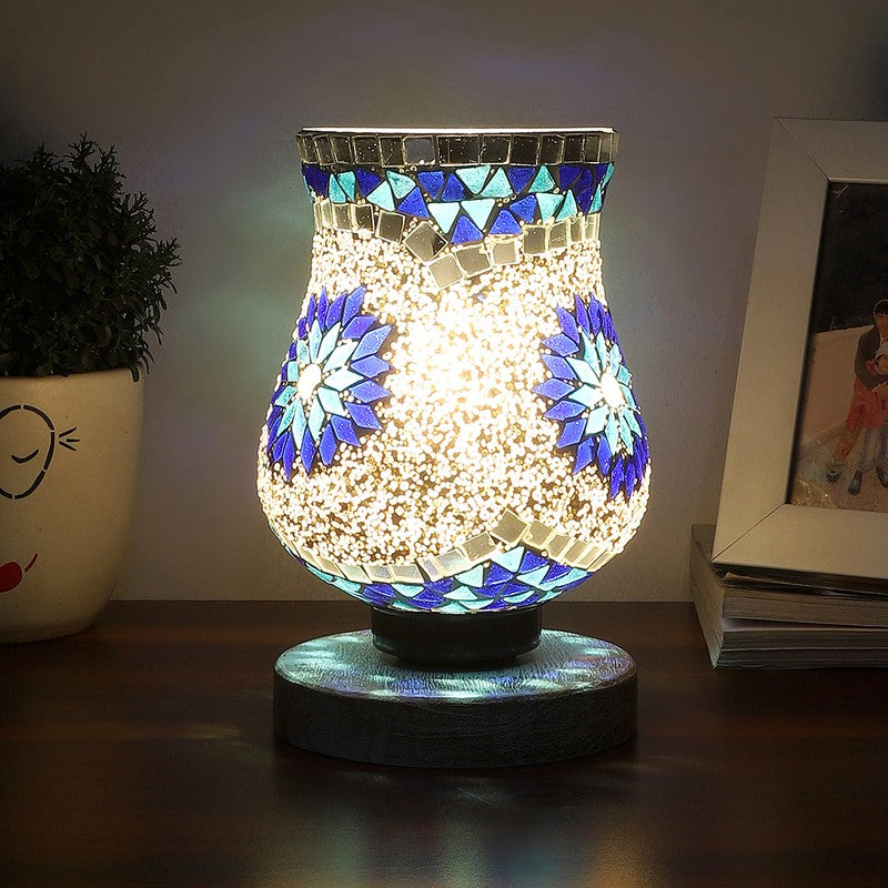 Gleamora Mosaic Glass Table Lamp With Wooden Base - Multicolor