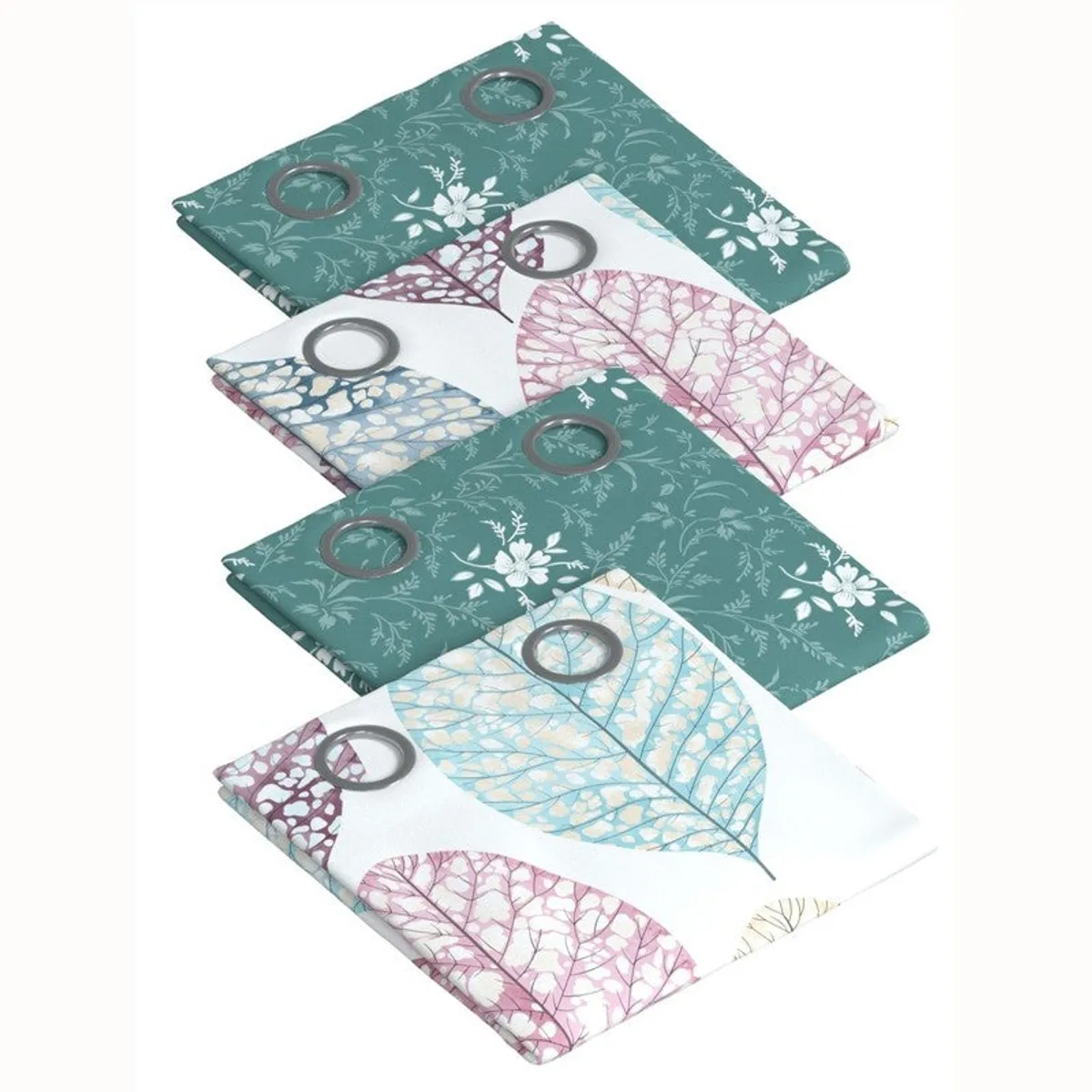 Four folded leaf-print curtain panels showing their eyelet tops