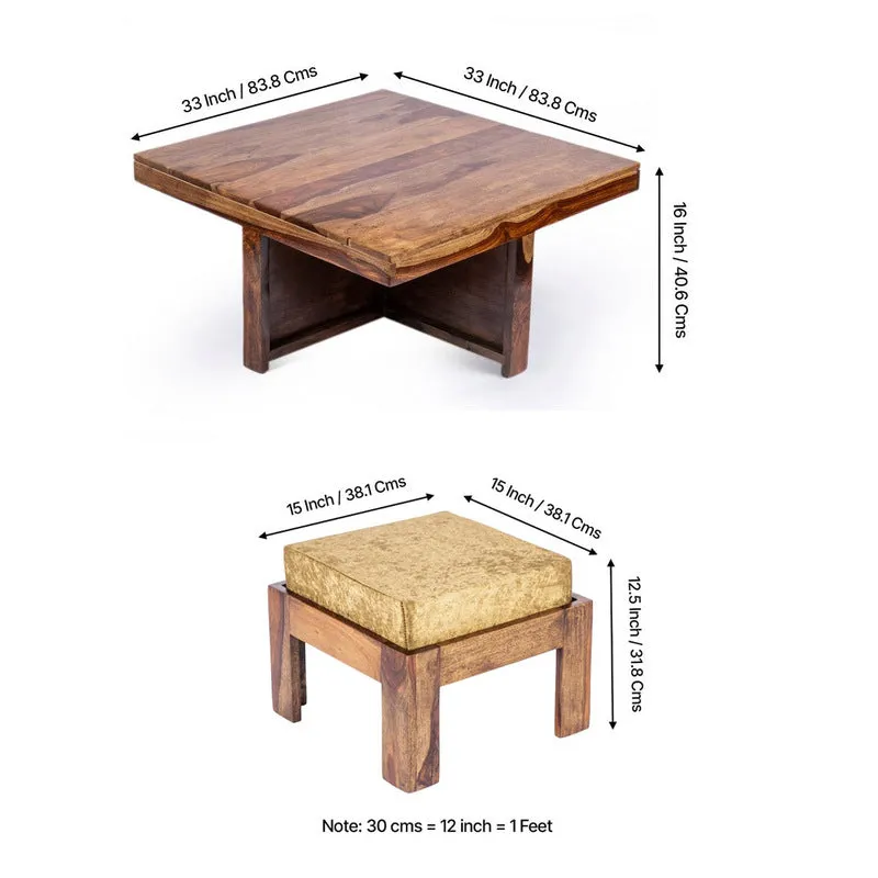 Evrino Sheesham Wooden Center Table with Stools and Cushions (Brown,Gold) - Nine Piece Set media 9