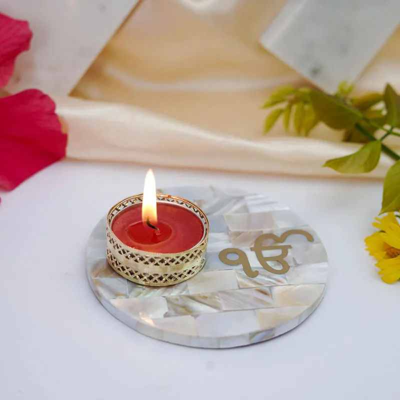 In Onkar Mother Of Pearl Tealight Candle Holder With Marble Base media 3