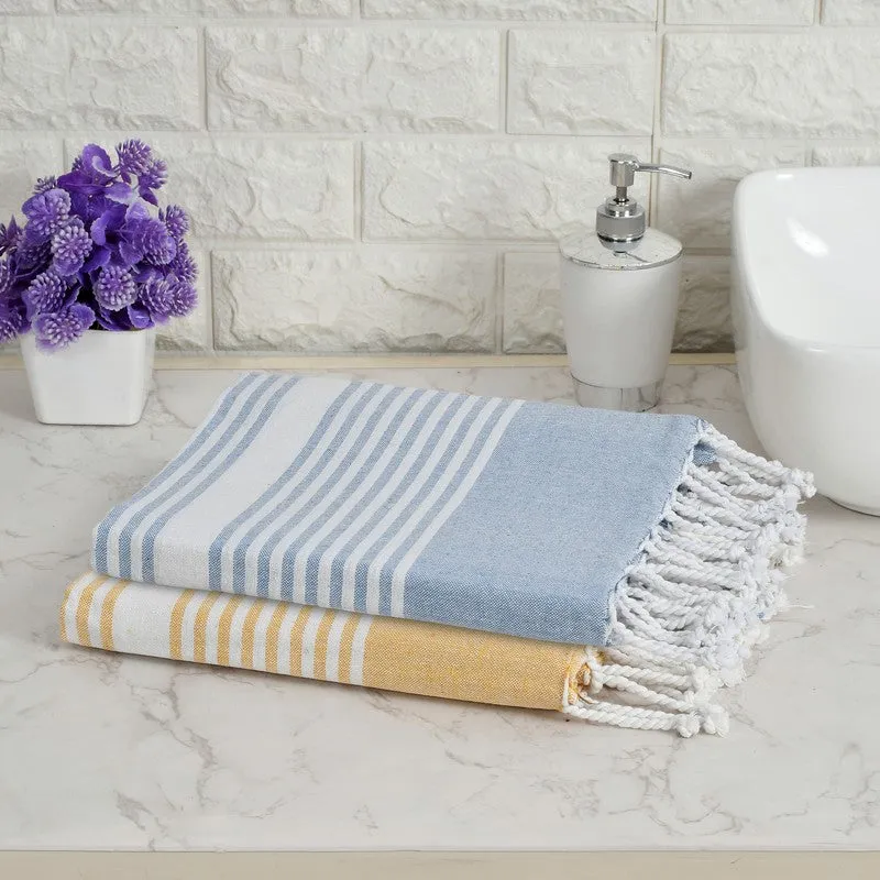 Loomera Striped Cotton Bath Towels (Yellow & Light Blue) - Set Of Two media 1