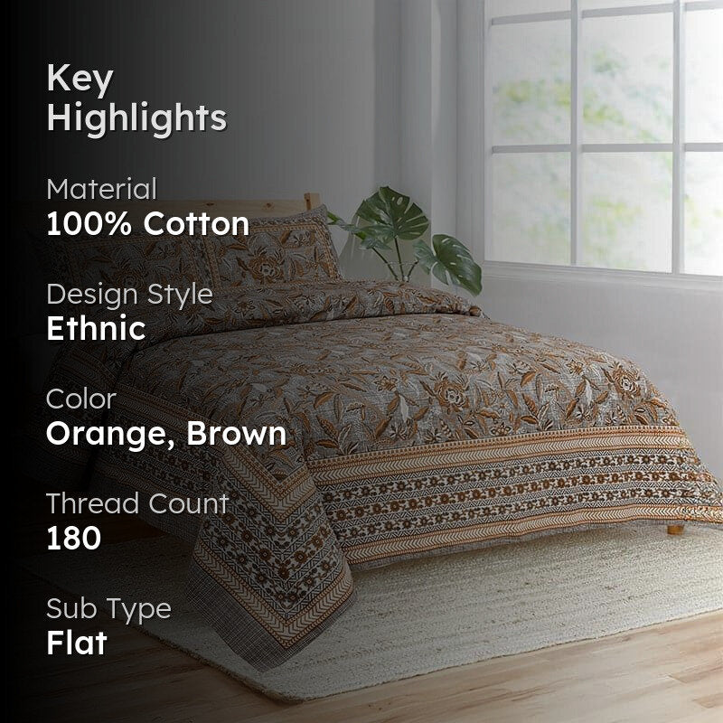 Tridha Floral Cotton Bedsheet (Brown) - 180 TC media 2