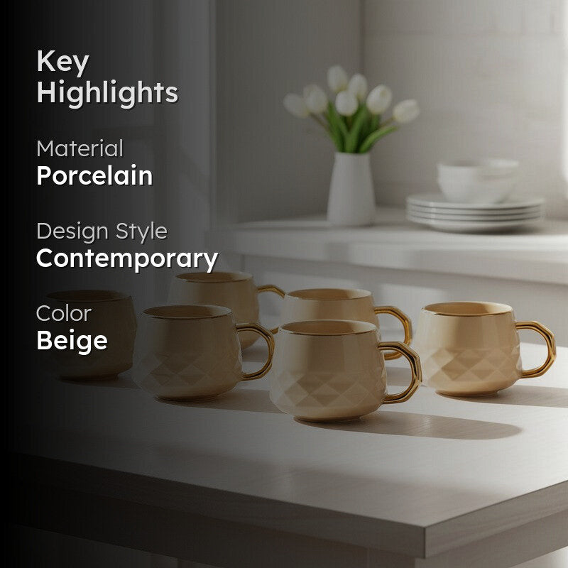 LuxeSip Porcelain Tea Cup (200 mL Each,Brown) - Set Of Six media 2