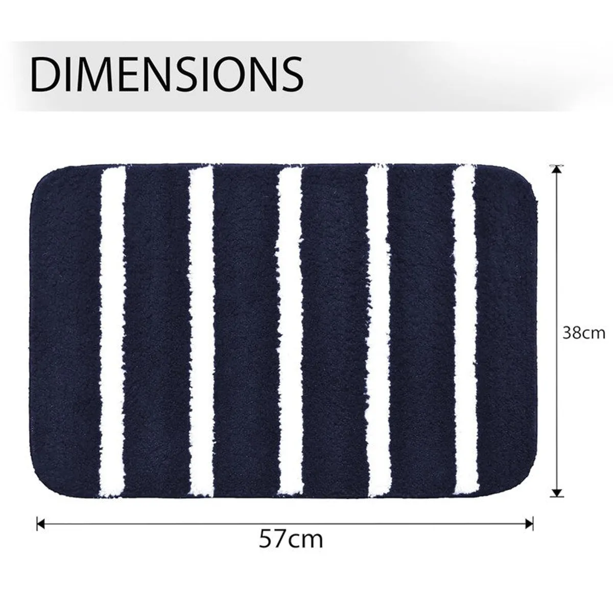 Blue and white striped rectangular bath mat shown flat from above