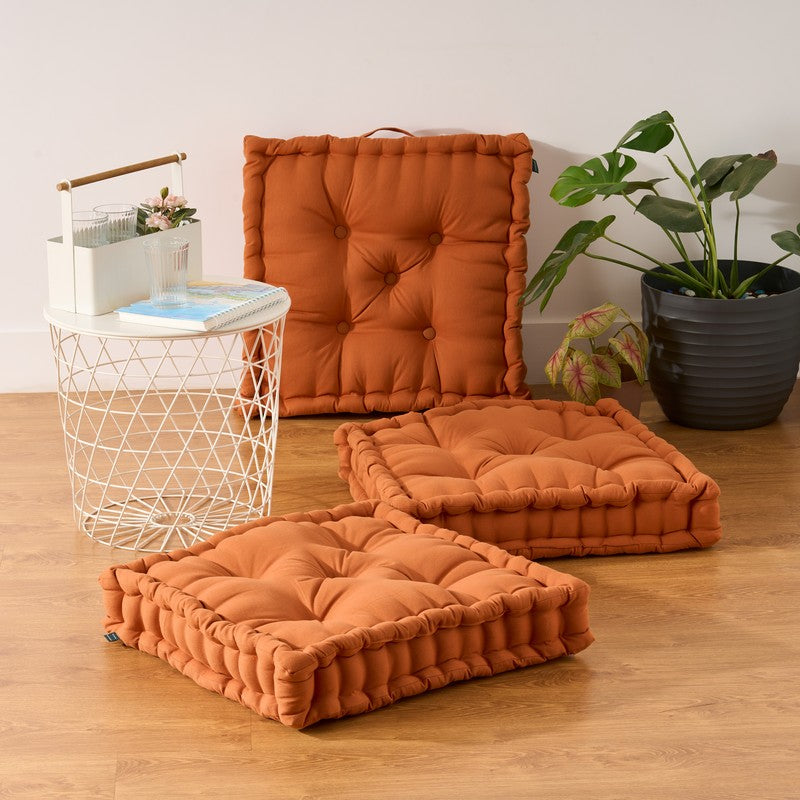 Fluffscape Solid Cotton Floor Cushion (Brown) - Set Of Three