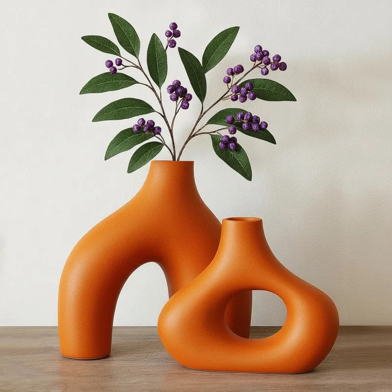 Noctra Sculptural Dual Ceramic Vase (Orange) - Set Of Two media 3