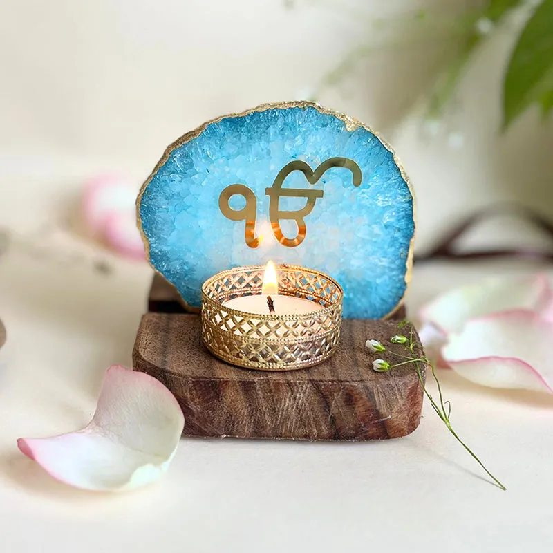 Ik Onkar Handcrafted Agate Religious Accent With Tealight Candle Holder - Turquoise media 6