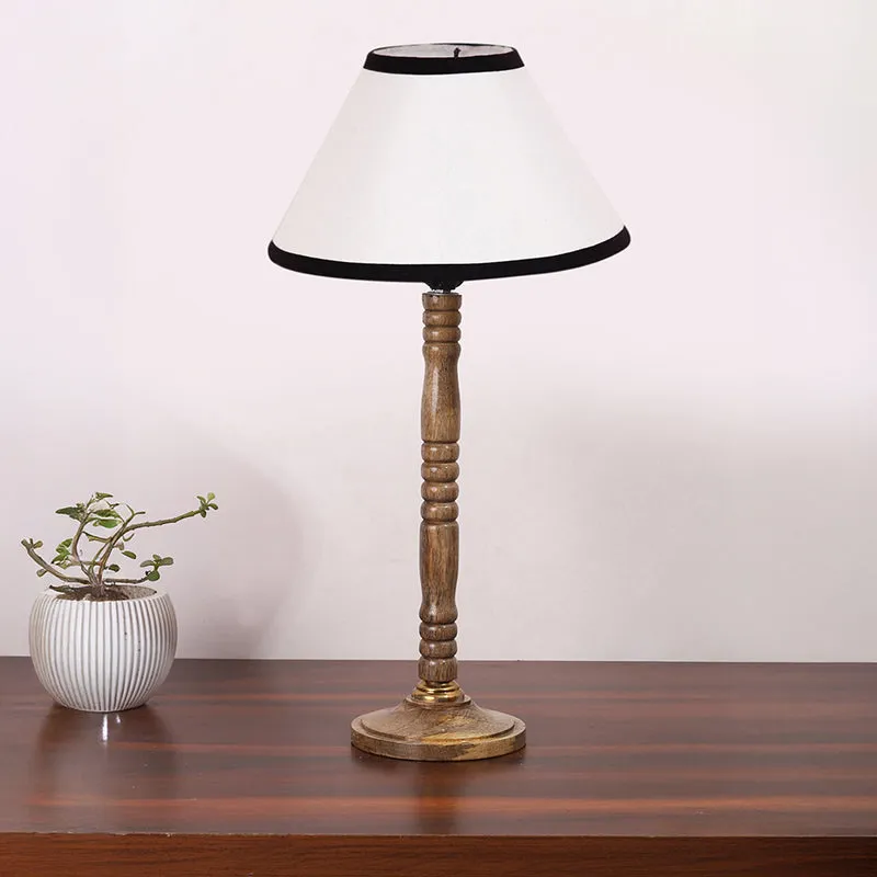 Monochrome Edge Table Lamp With Carved Wooden Base - White,Brown media 3