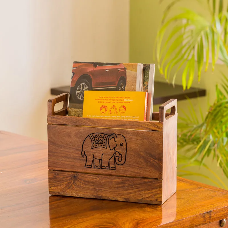 Trunk Tales Handcarved Sheesham Wood Magazine Holder media 1