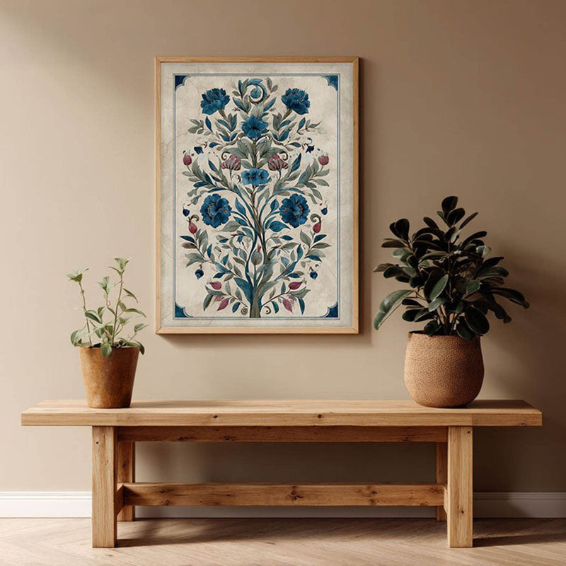 Floral Folk Art Canvas Wall Painting With Brown Frame