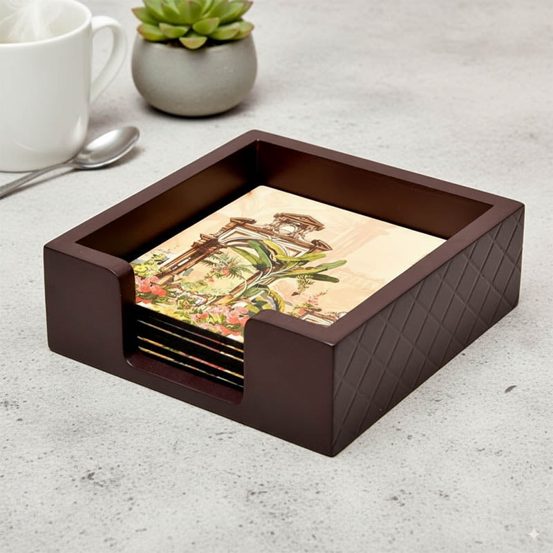 Royal Black & Gold Wooden Coasters with Holder - Seven Piece Set