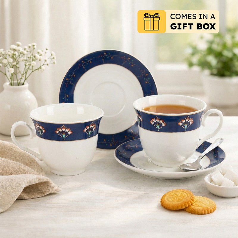 TeaTime 24k Gold Brushed Porcelain Tea Cup (300 mL Each) - Twelve Piece Set