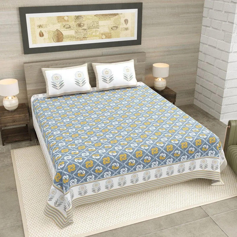 Rang Aura Cotton Bedsheet (Blue,Yellow) - 120 TC media 1