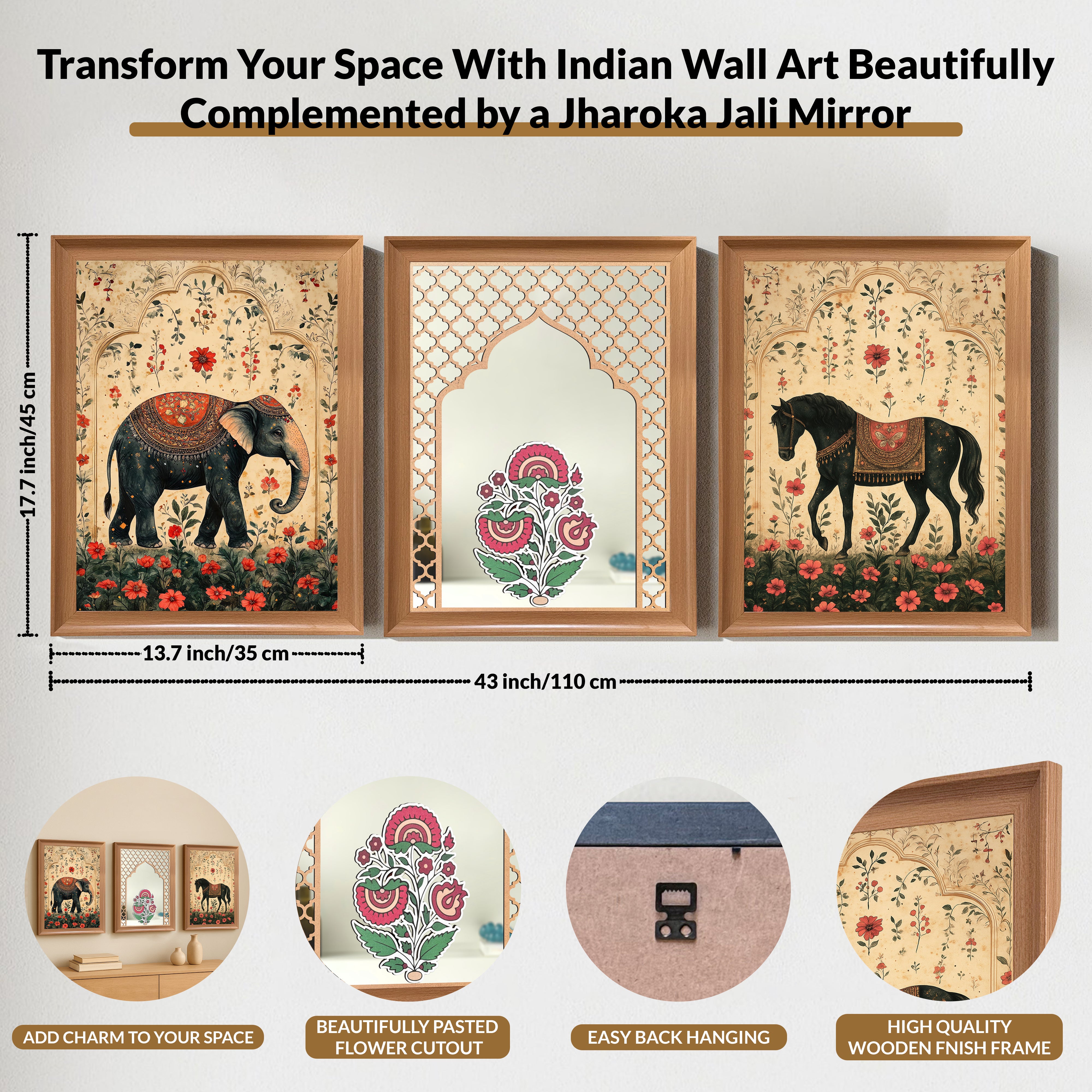 Traditional Mughal Motif Wall Painting With Mirror - Set Of Three media 4