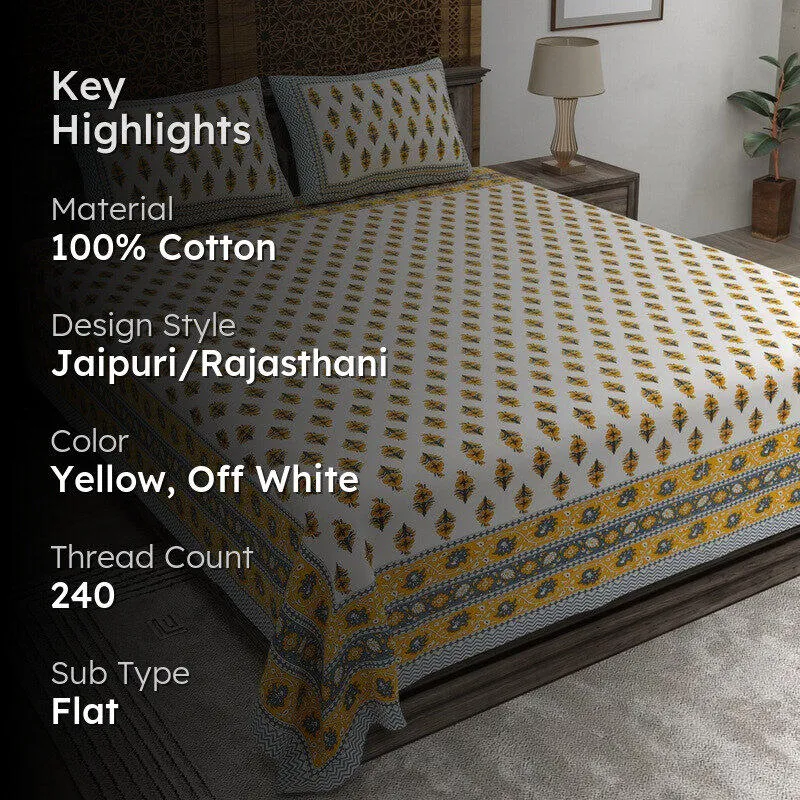 Bloomza Cotton Bedsheet (Yellow,Off White) - 240 TC media 2