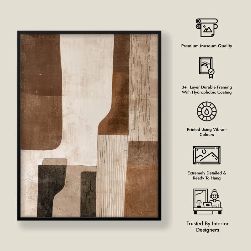 Framed abstract canvas artwork shown against a plain neutral background with icons beside it.
