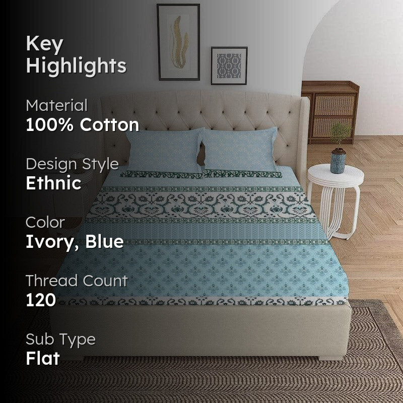 Iris Printed Cotton Bedsheet (Blue) - 120 TC media 2